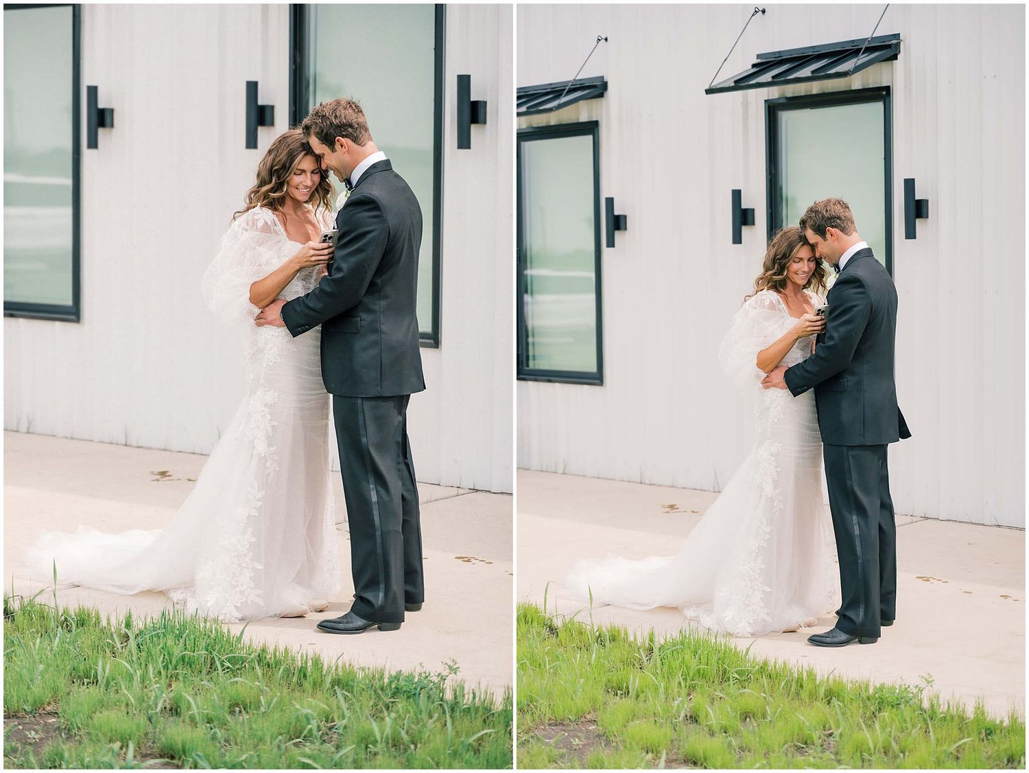A romantic wedding moment captured against a white building with the couple in elegant formal attire.
