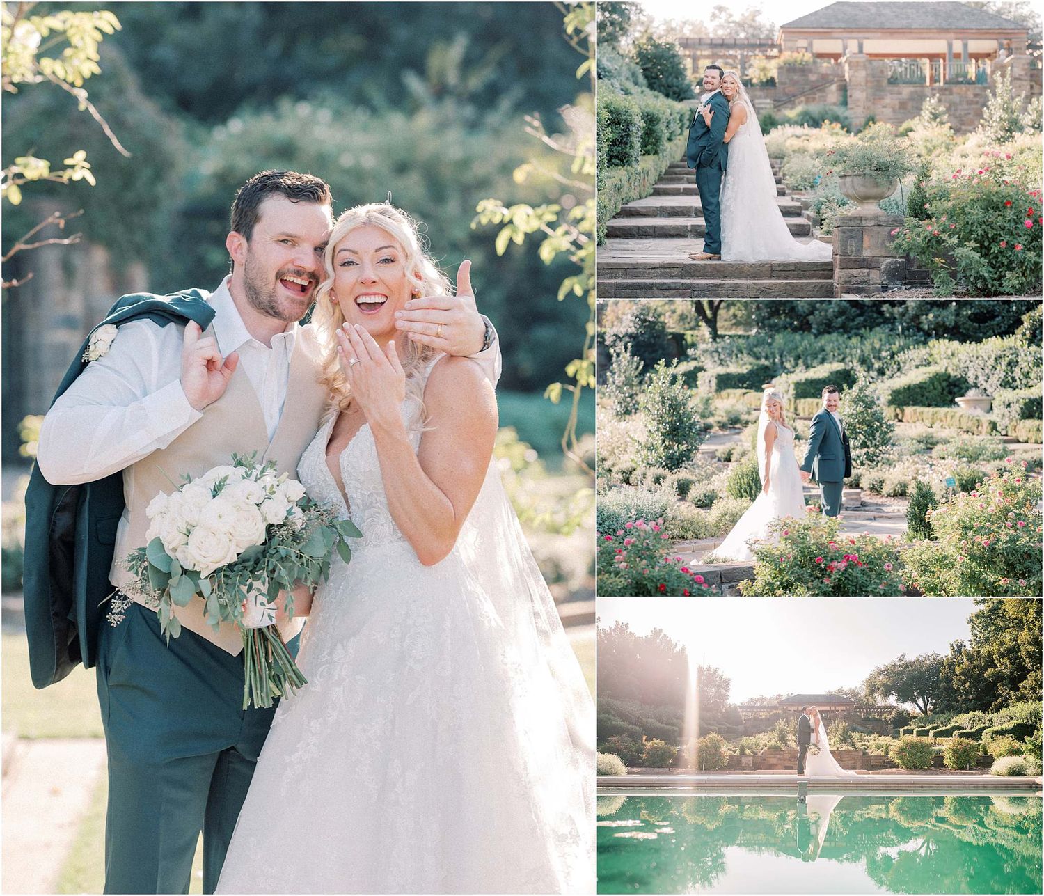 Romantic wedding photography session in a scenic garden setting with architectural elements.