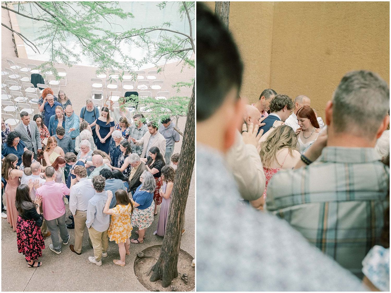 Wedding guests gathered outdoors for casual group photos in natural lighting.