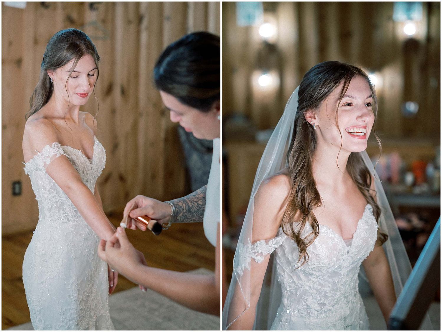 Bride in lace wedding dress getting ready with final touches in rustic venue.