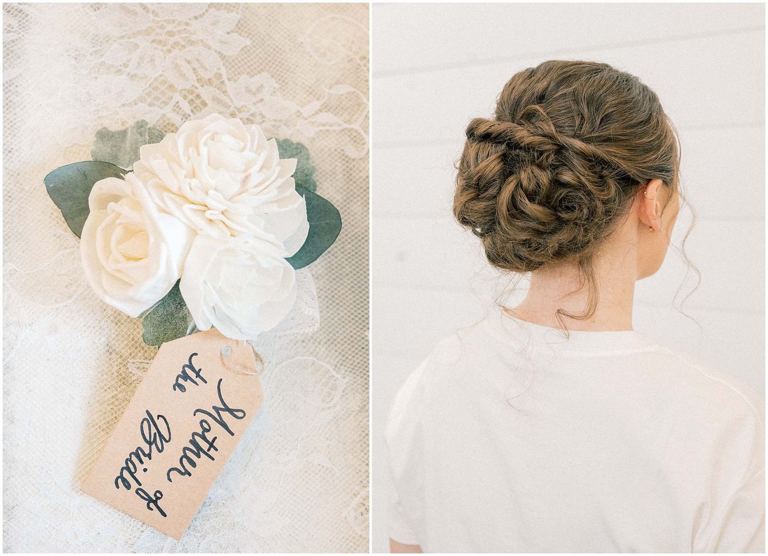 Rustic wedding detail shots featuring floral arrangements, handwritten notes, and vintage styling elements.