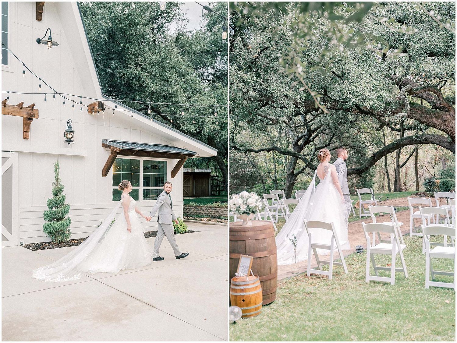 A romantic outdoor wedding ceremony setup with white chairs and a wooden barrel on a lush green lawn.