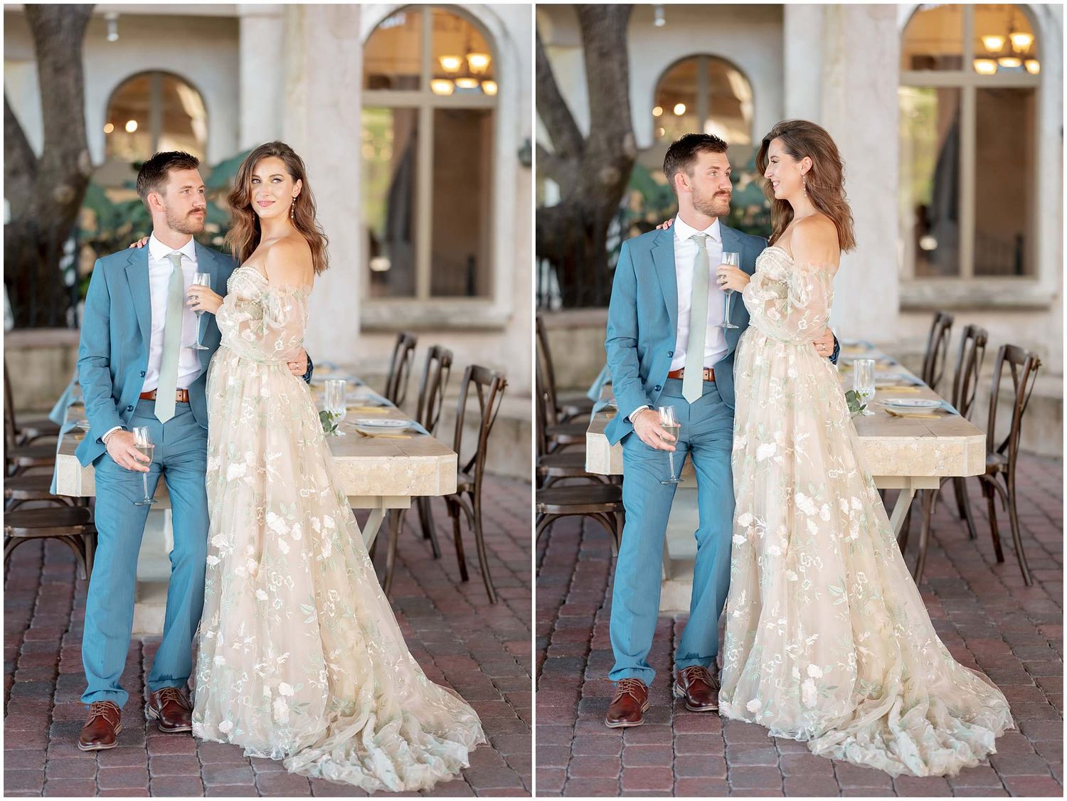 Elegant wedding couple shares intimate moments on a stone patio with arched architecture in the background.