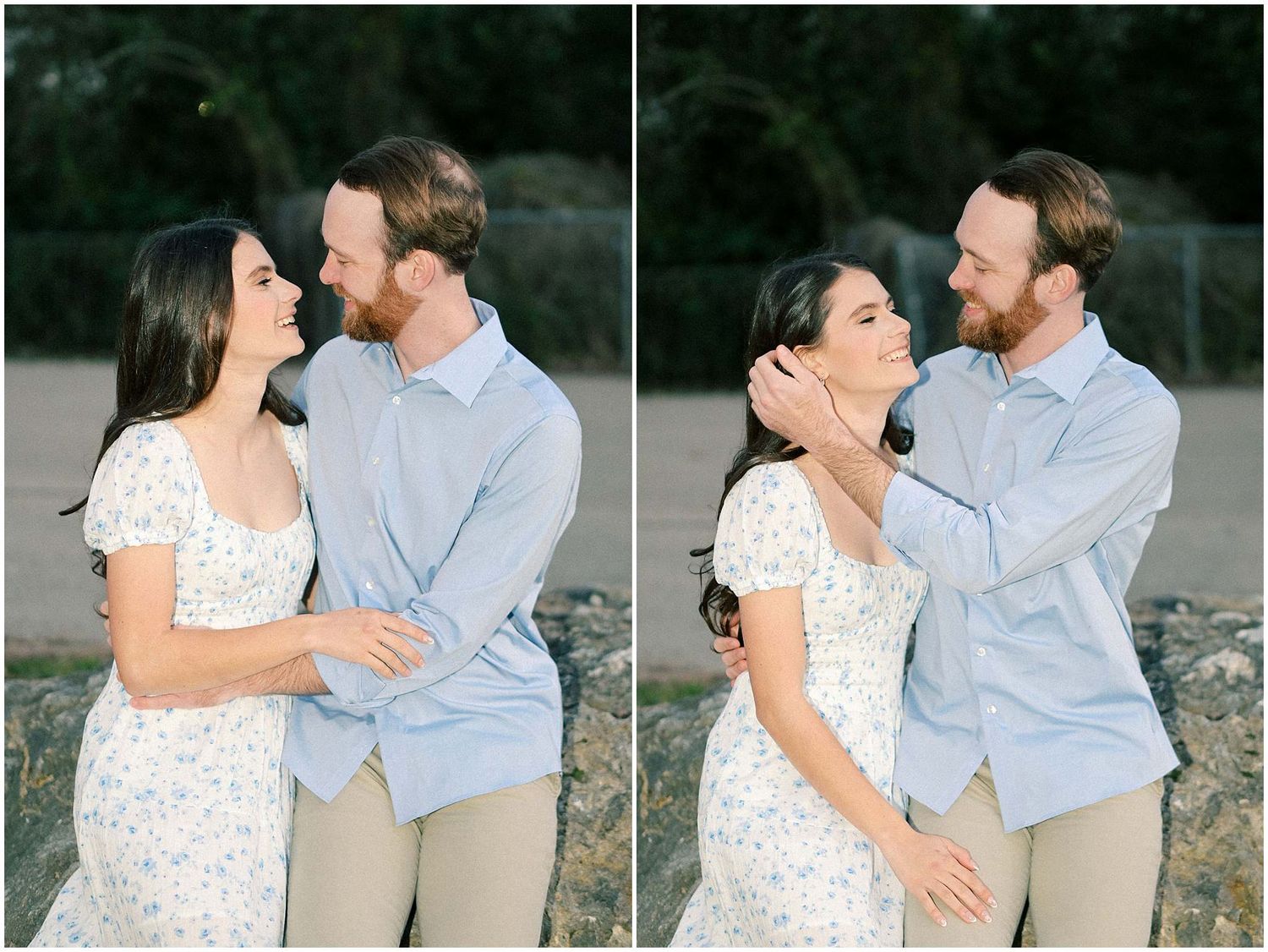 A couple shares tender moments while wearing coordinated blue and white outfits.