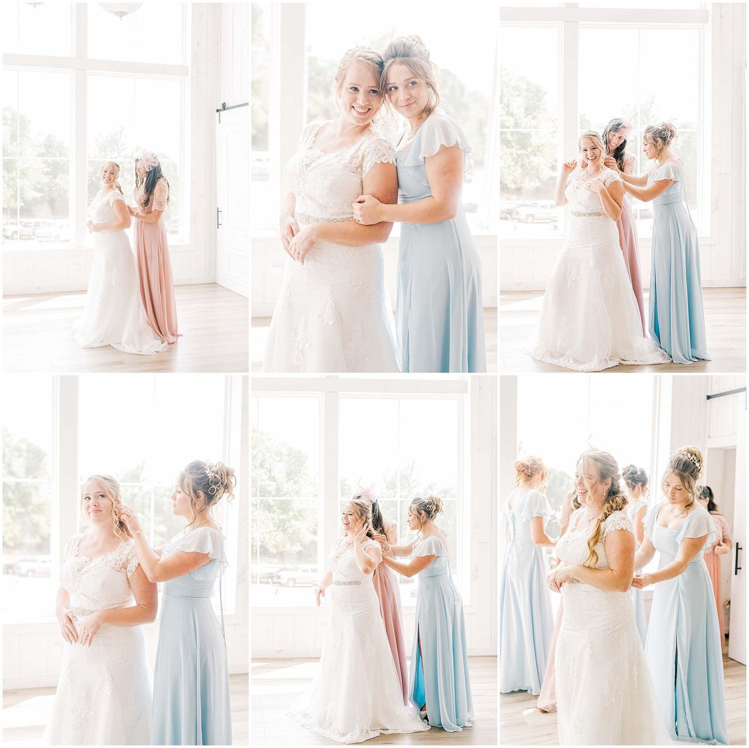 Wedding party group photos featuring bridesmaids in pastel blue dresses and white gowns in a bright indoor setting.