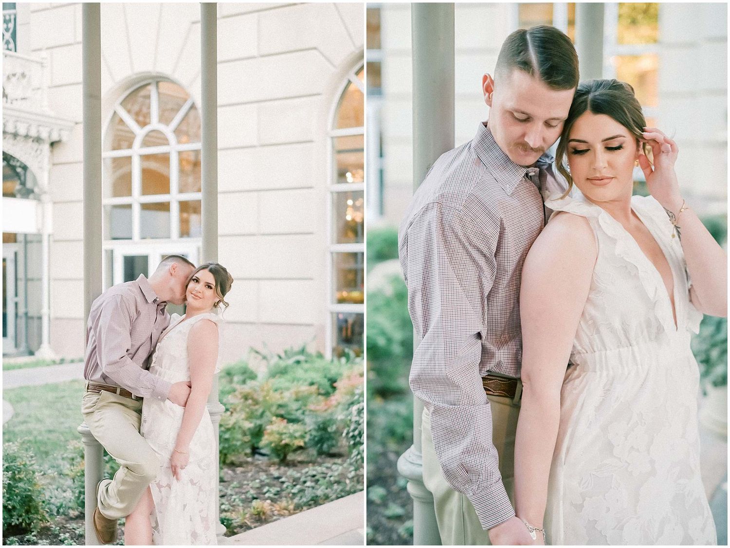 A couple in formal attire shares romantic moments together during an outdoor photo session at an elegant venue.