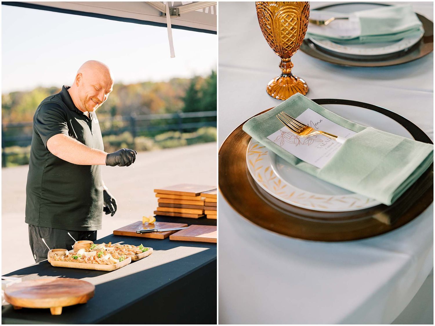 A series of table settings and dining scenes showing amber glassware and elegant plating at an upscale restaurant.