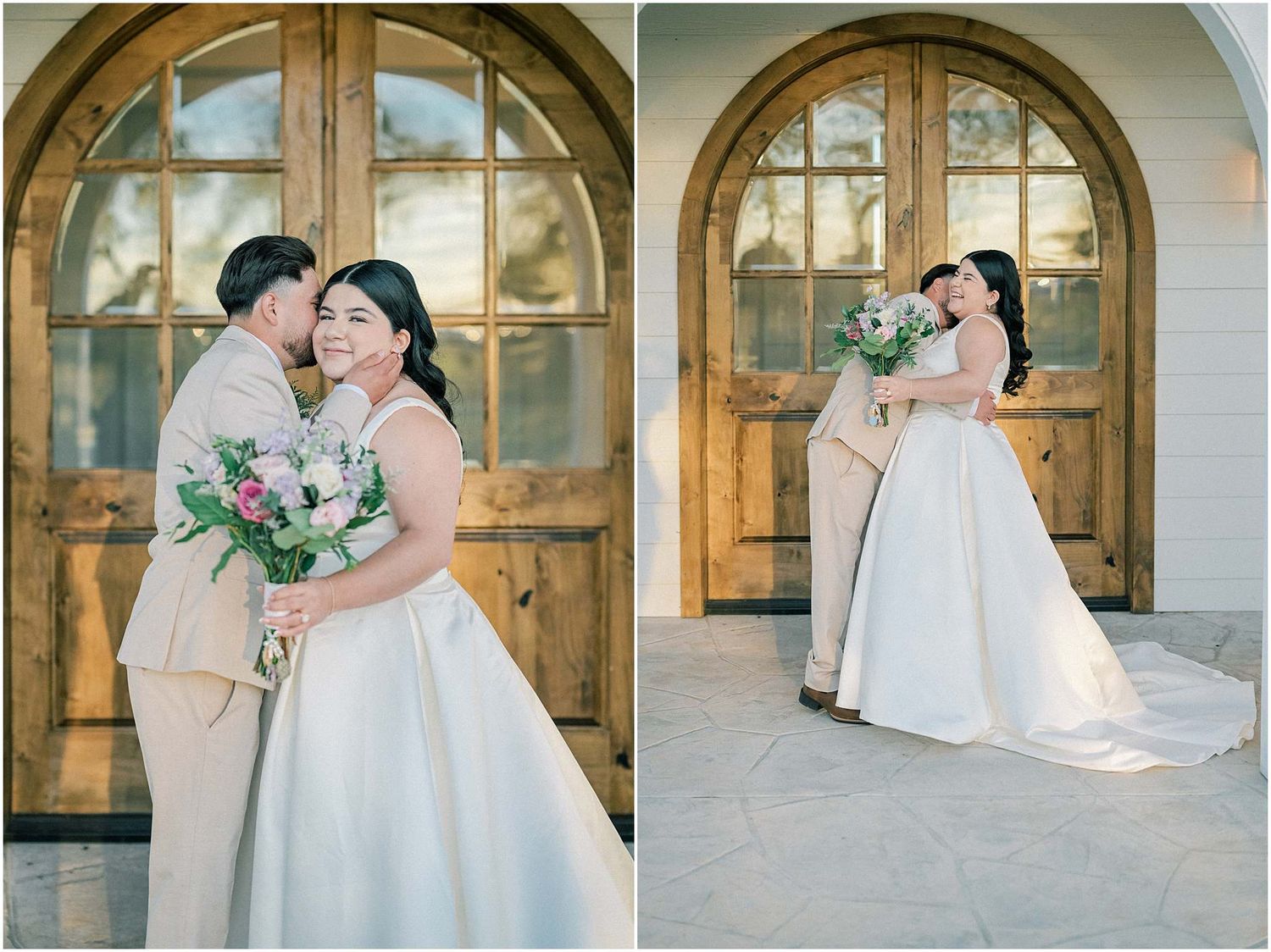 Romantic wedding couple poses in front of elegant wooden doors at a white chapel venue.