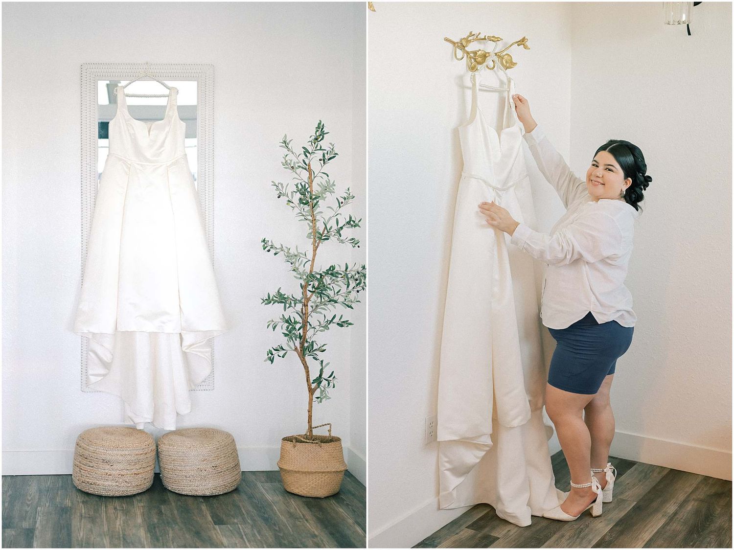 Wedding dress and preparation details captured in minimalist style with natural lighting.
