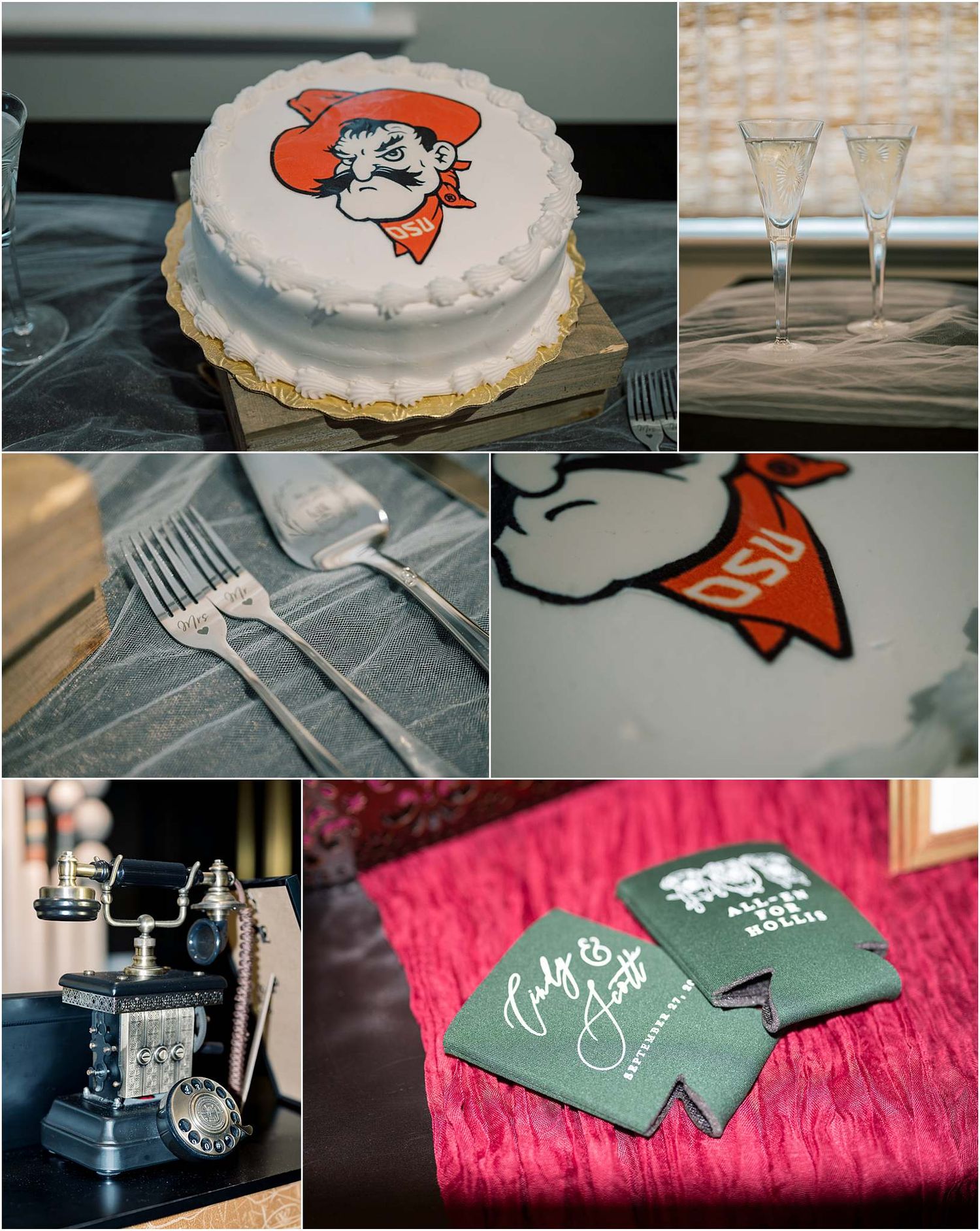 Wedding reception details including cake, place settings, and decorative elements.