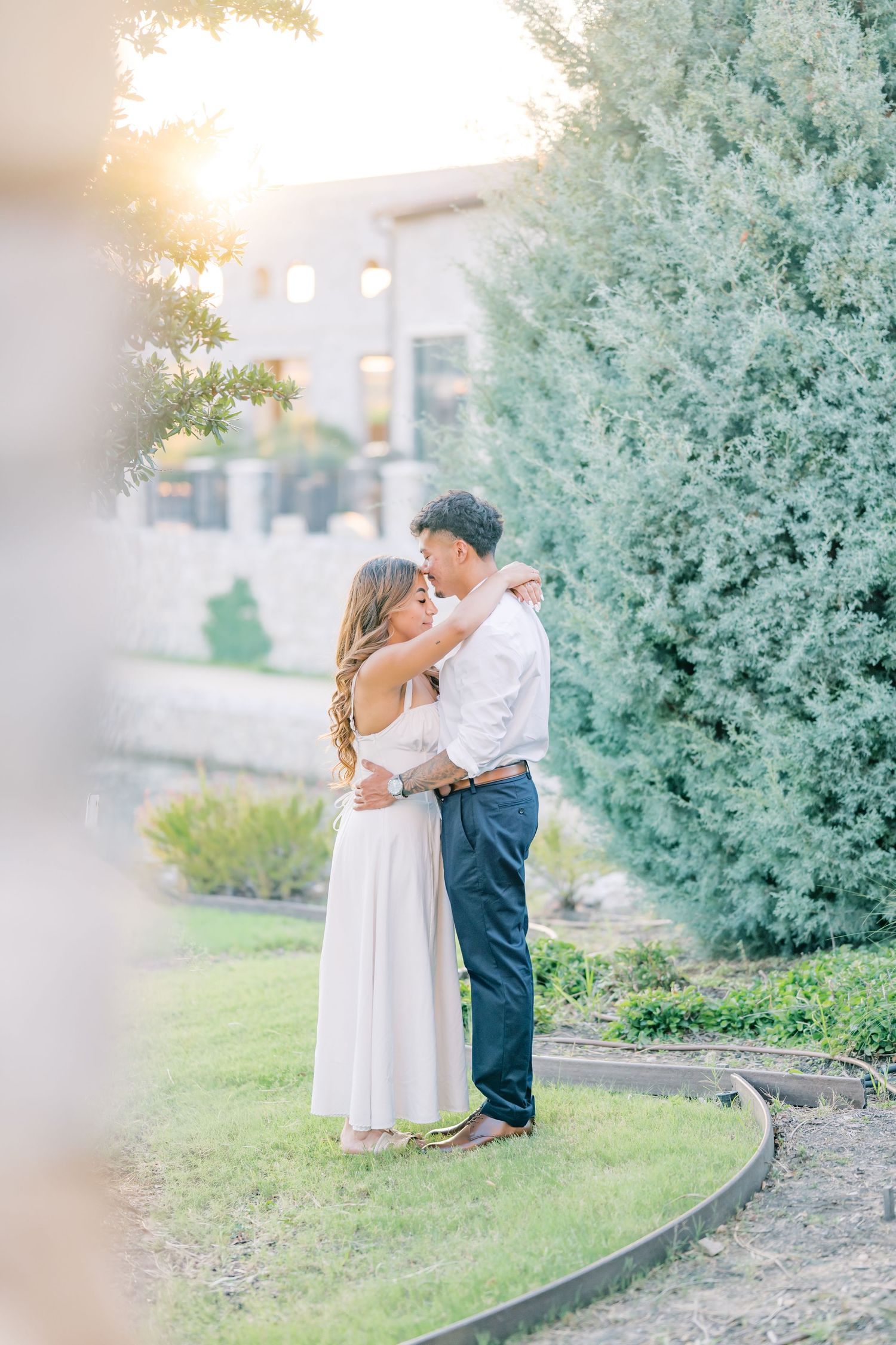 A couple embraces near lush greenery bathed in warm sunset light during their outdoor engagement session.