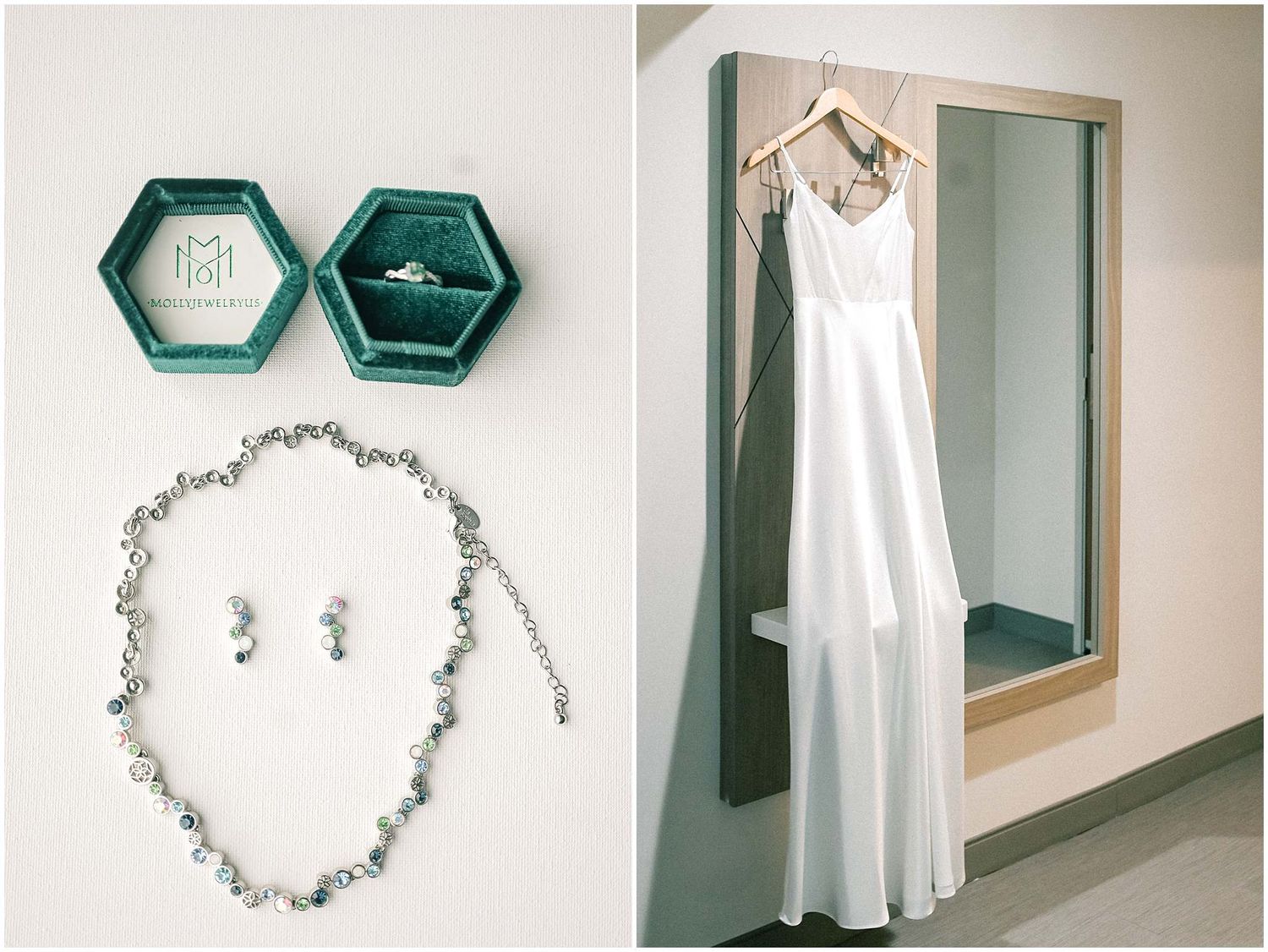 Wedding accessories including a white bridal gown hanging by a mirror and hexagonal wall shelves with jewelry display.