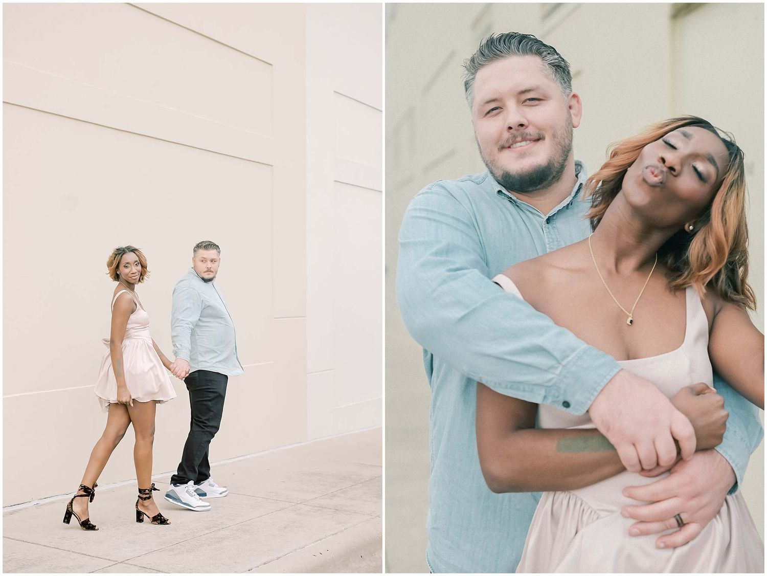 A couple shares joyful moments together against a minimalist wall backdrop in coordinated outfits.