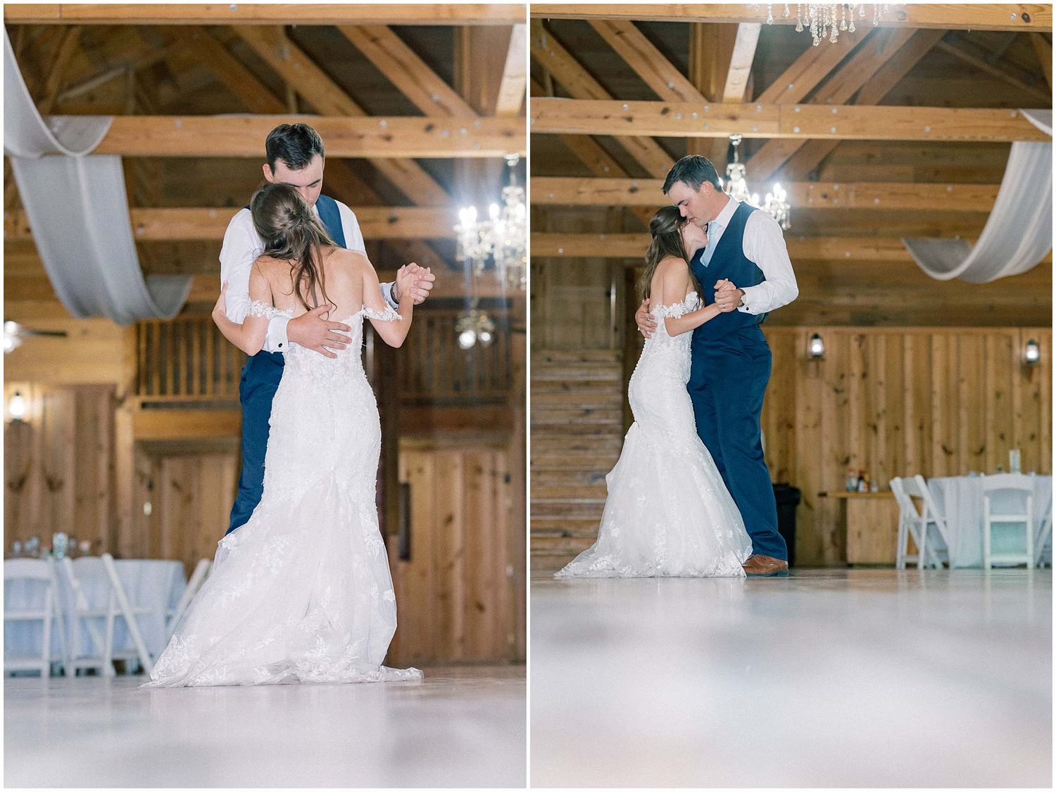 Dancing couples celebrate at a rustic barn wedding reception with romantic lighting and wooden beams overhead.