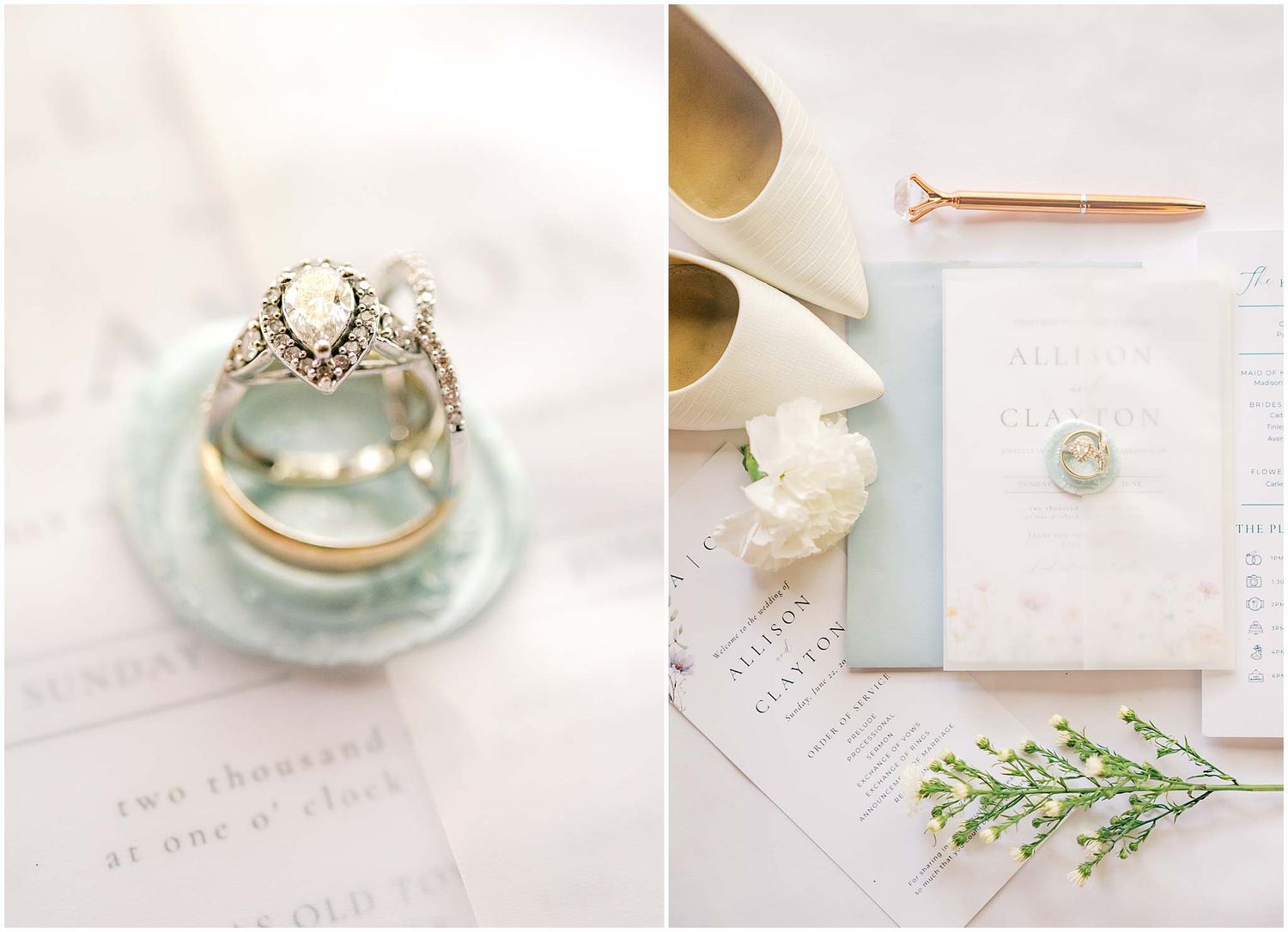 Elegant engagement ring displayed on a mint green dish alongside wedding stationery, white shoes and delicate florals.
