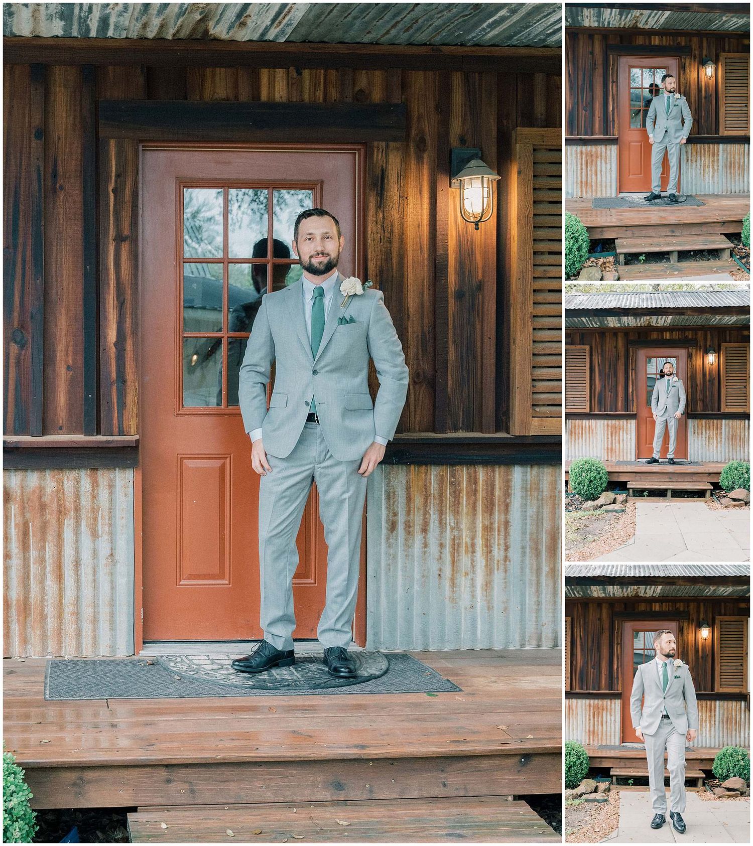 A person in a light gray suit sits casually on a rustic wooden porch with weathered walls and outdoor lighting.