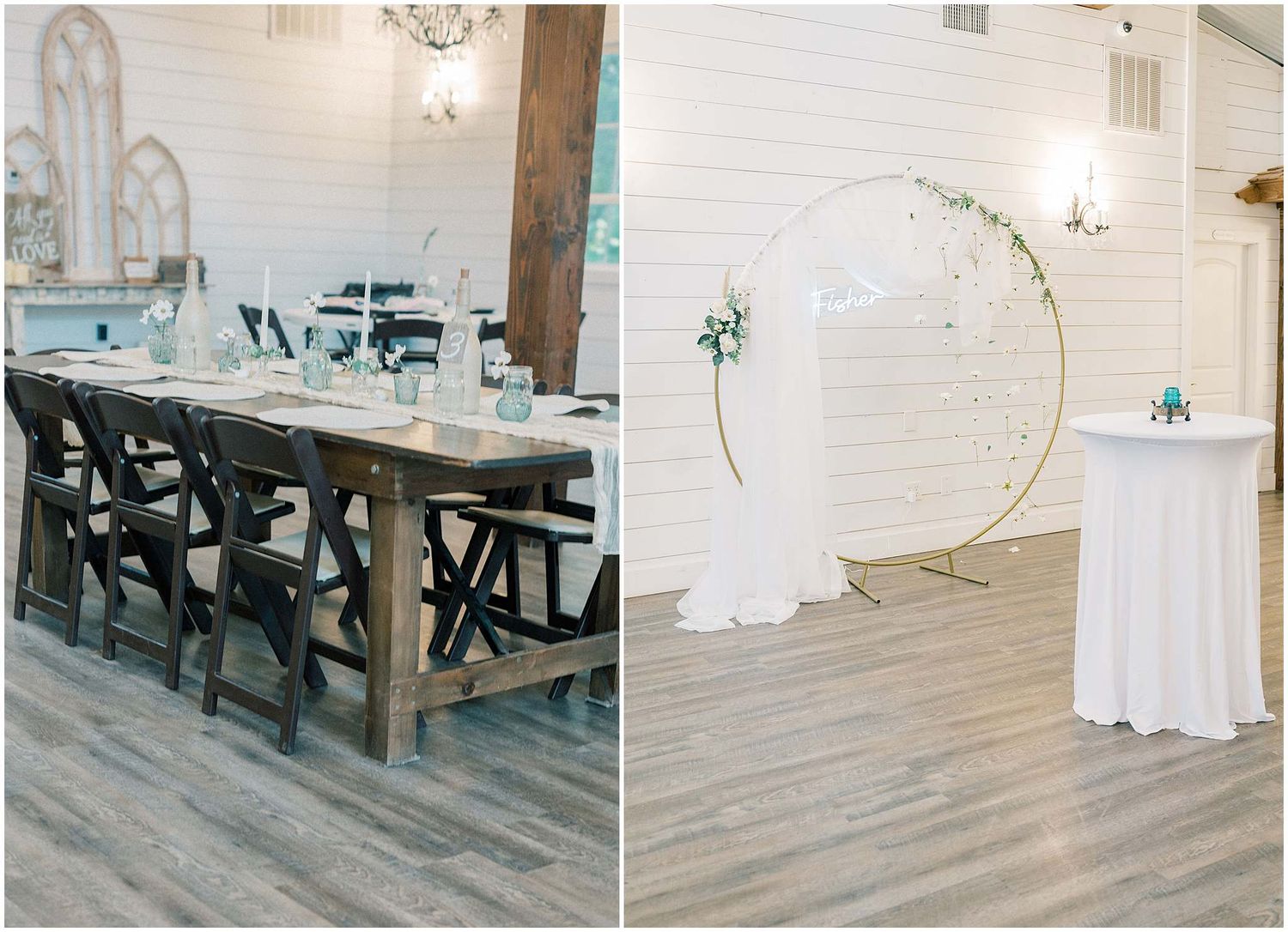 Modern rustic indoor reception venue with wooden benches and white drapes featuring elegant crystal chandeliers.