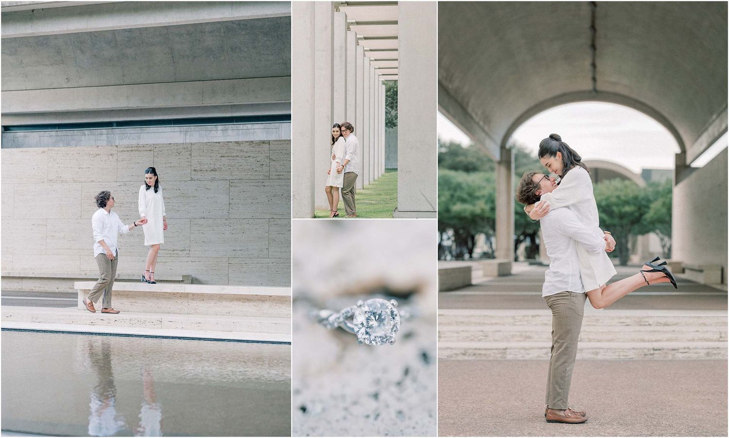 Series of romantic engagement photos taken against modern architectural backdrops.
