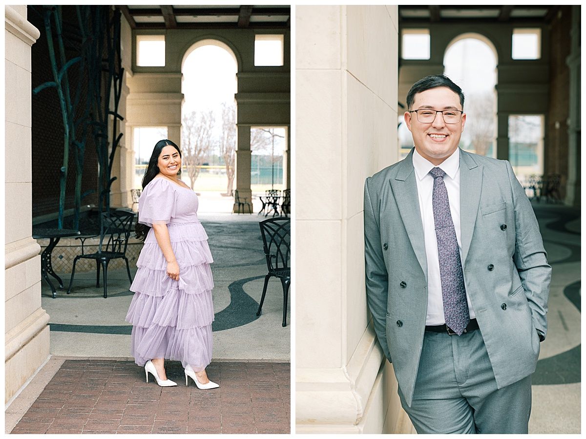 Architectural backdrop frames formal portraits of couple in coordinated outfits.