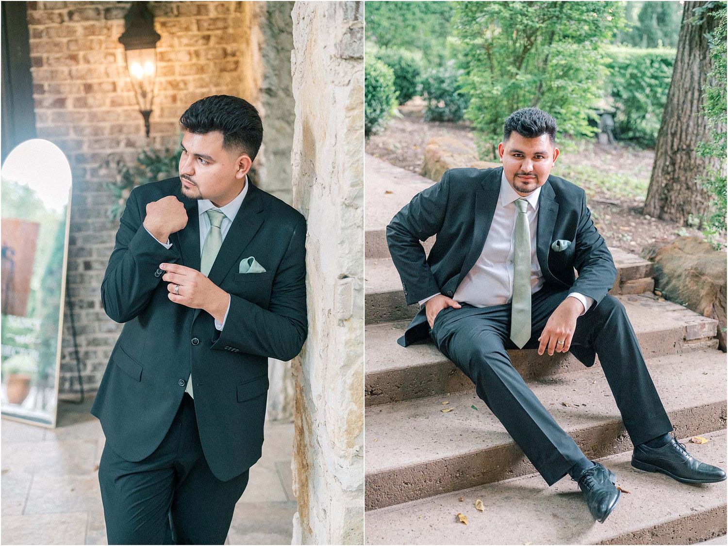 Candid photo series of a groom in a black suit sitting on stone steps surrounded by greenery.
