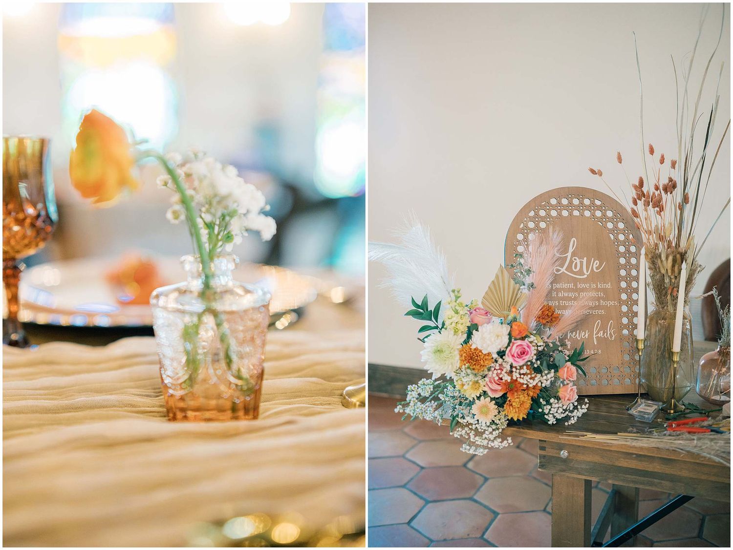 Wedding reception table details with delicate floral arrangements and glassware in soft lighting.