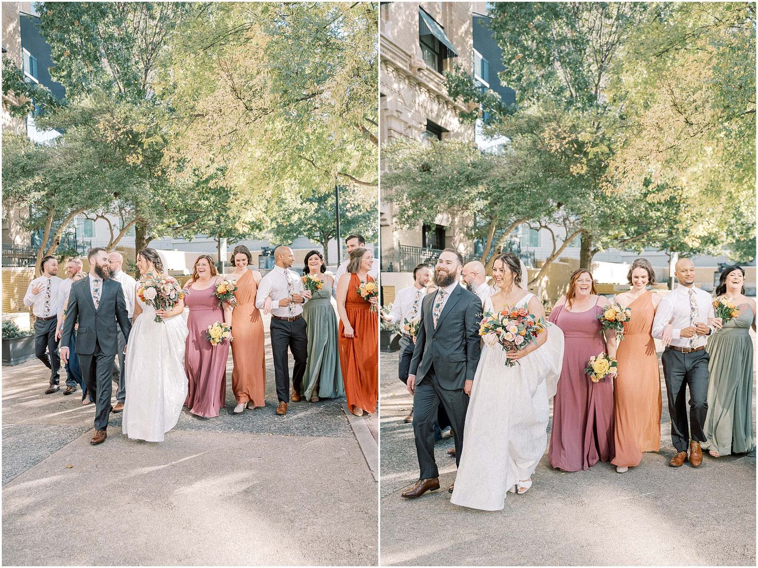 Wedding party posing together outdoors with bridesmaids in earth-toned dresses and groomsmen in suits.