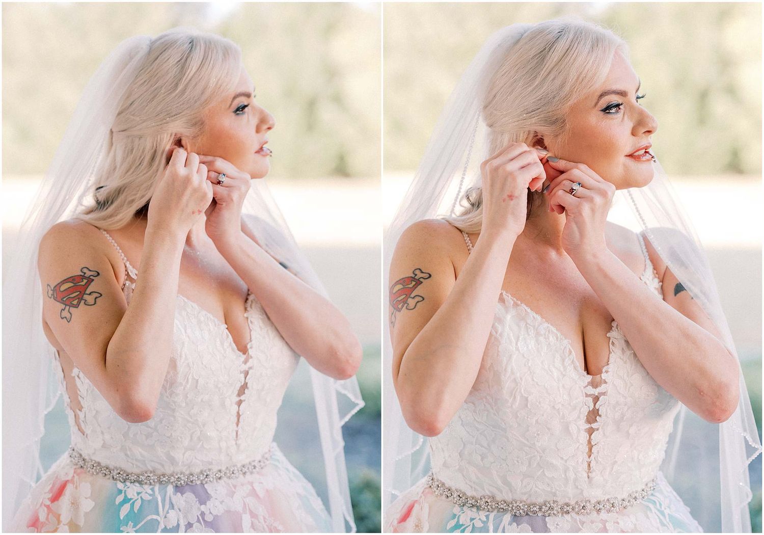 Close-up sequence showing delicate details of a white wedding dress with beaded embellishments.