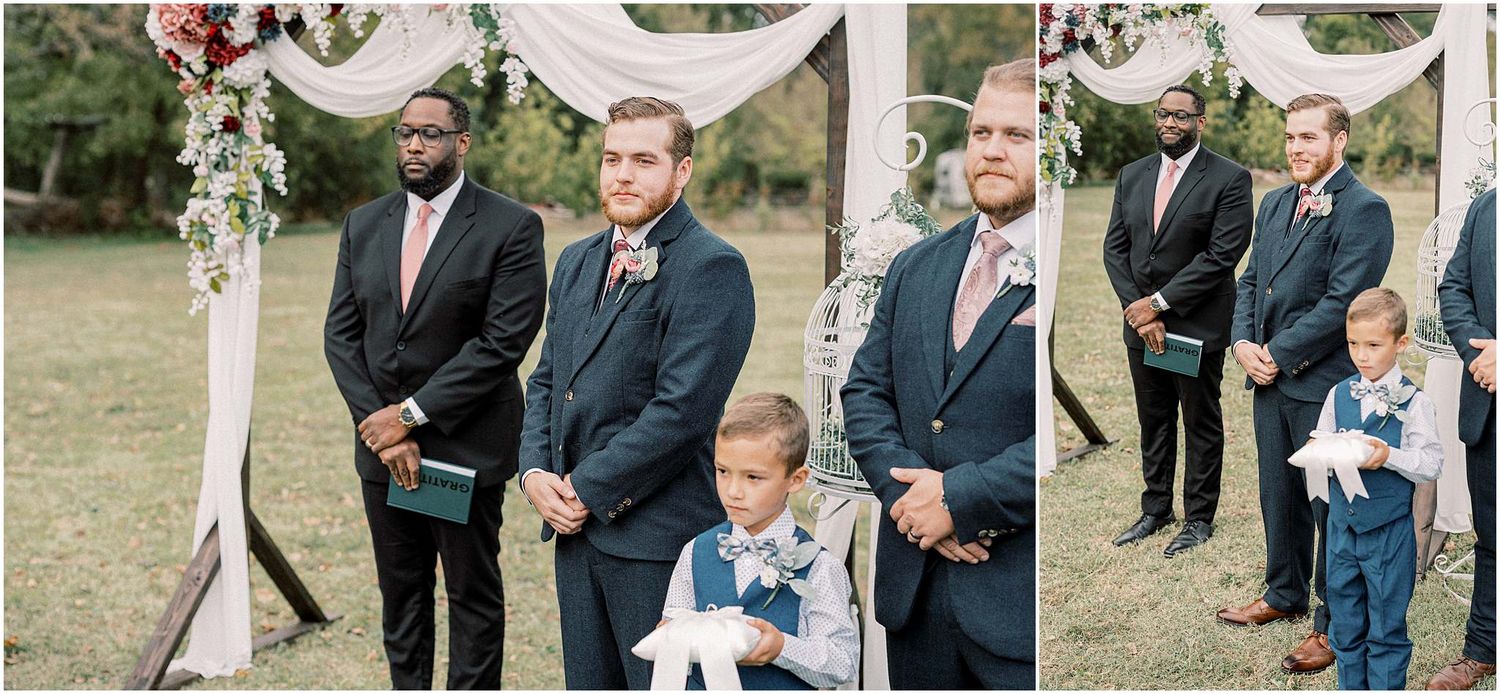 Wedding guests seated in rows of white chairs on manicured lawn.