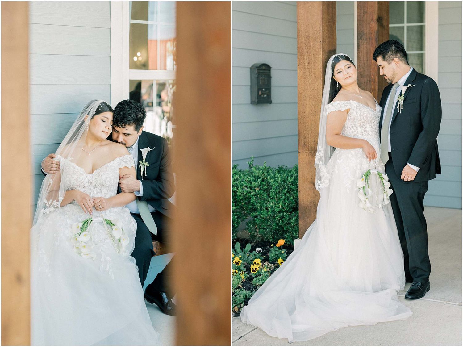 A romantic wedding photo series showing a couple in formal attire embracing against a light-colored wall.