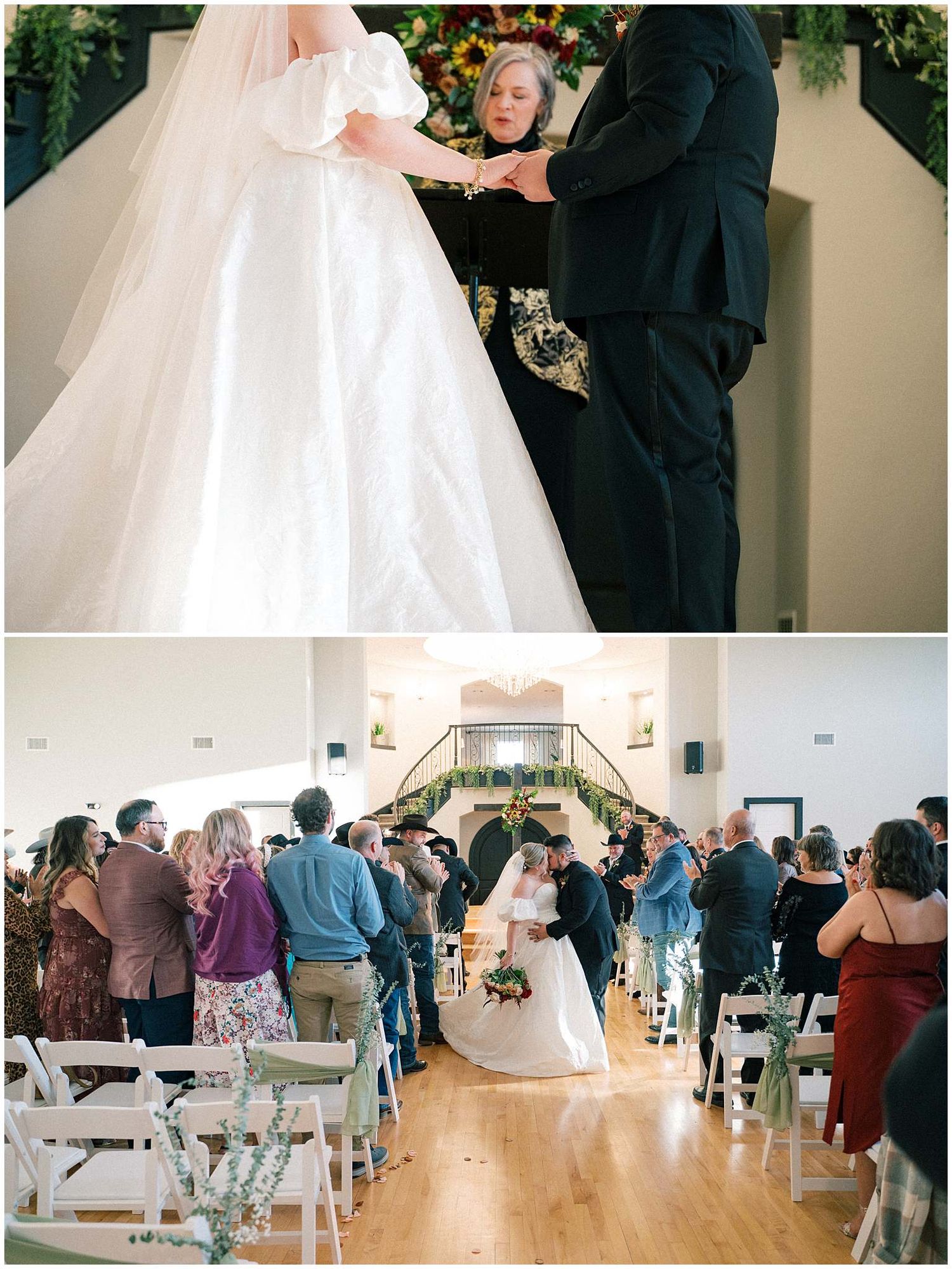 Wedding ceremony and reception scenes with guests seated in white chairs and formal decor.