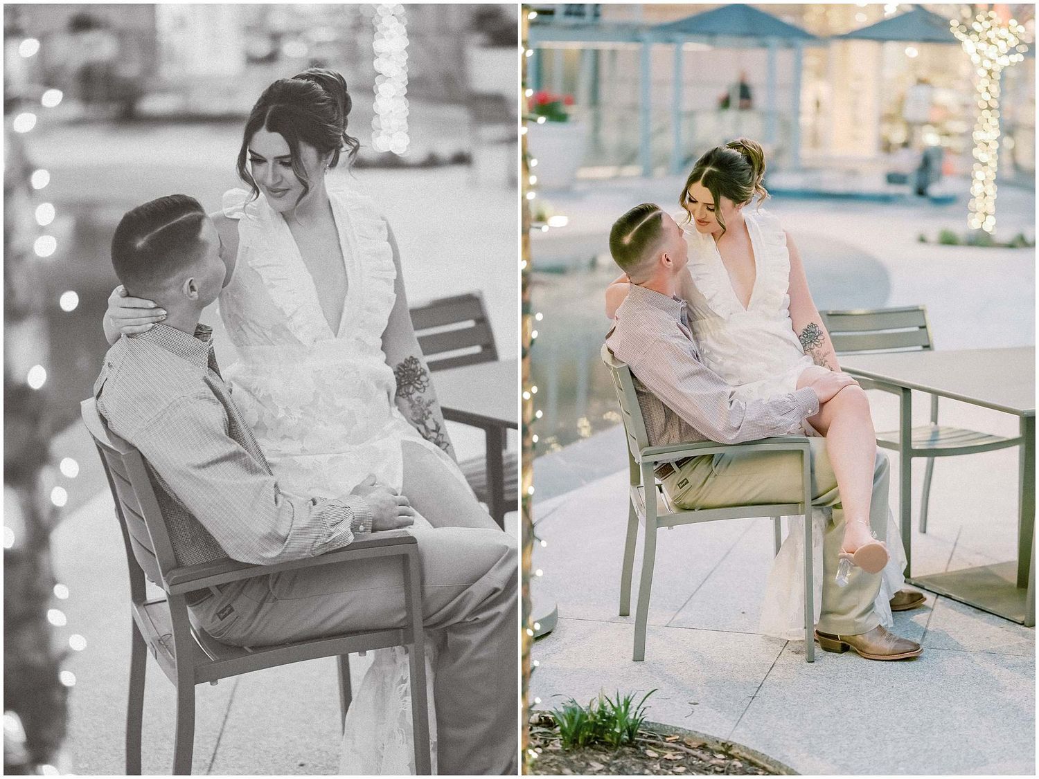 Romantic outdoor engagement photo session with couple sitting on metal chairs in a garden setting.