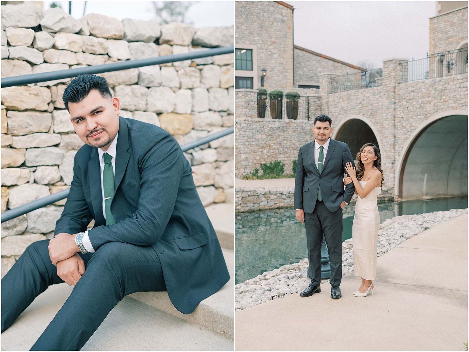 A series of romantic wedding photos showing a couple in formal attire against stone walls and archways.