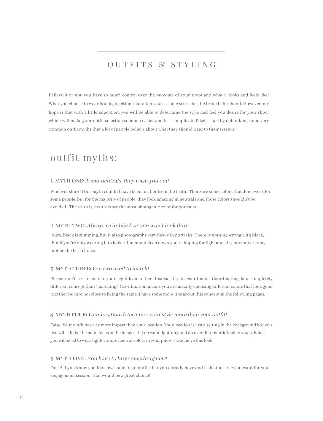 A styled guide page titled Outfits and Styling featuring outfit myths and tips for engagement photo sessions.