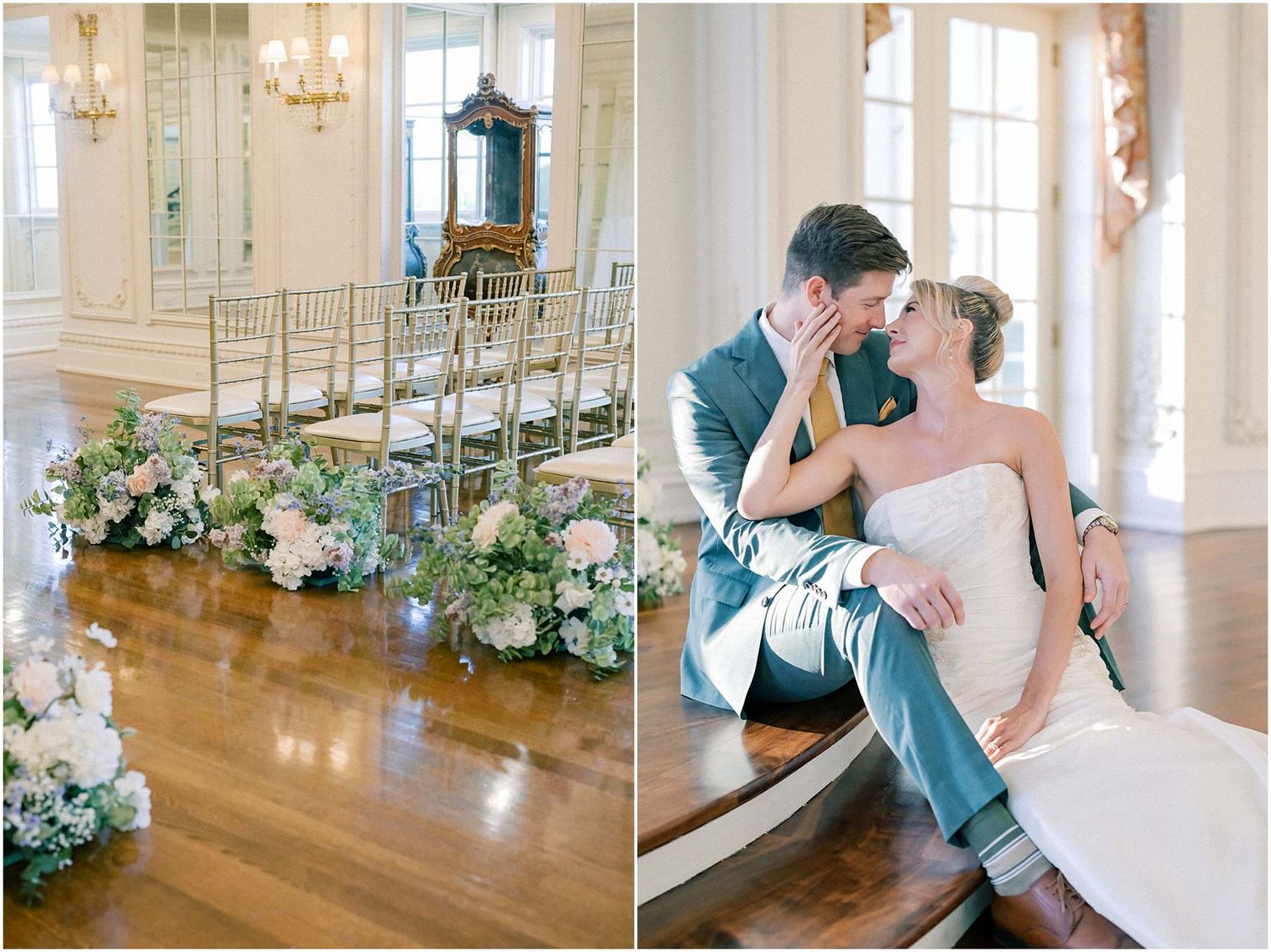 Bright ballroom interior with hardwood floors and elegant wedding ceremony setup.
