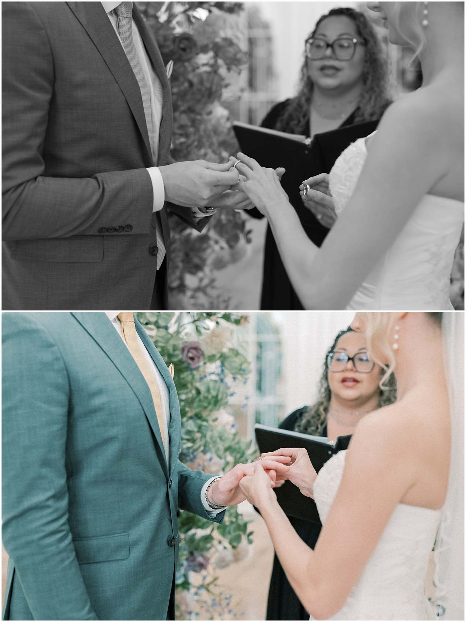 Black and white photo of a wedding ceremony ring exchange with an officiant in glasses.