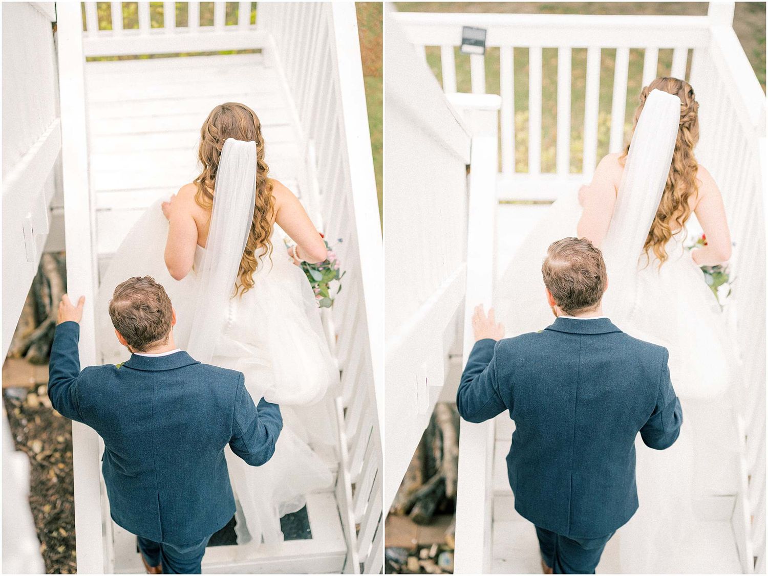 Wedding sequence showing couple interacting on white porch with elegant architectural details.