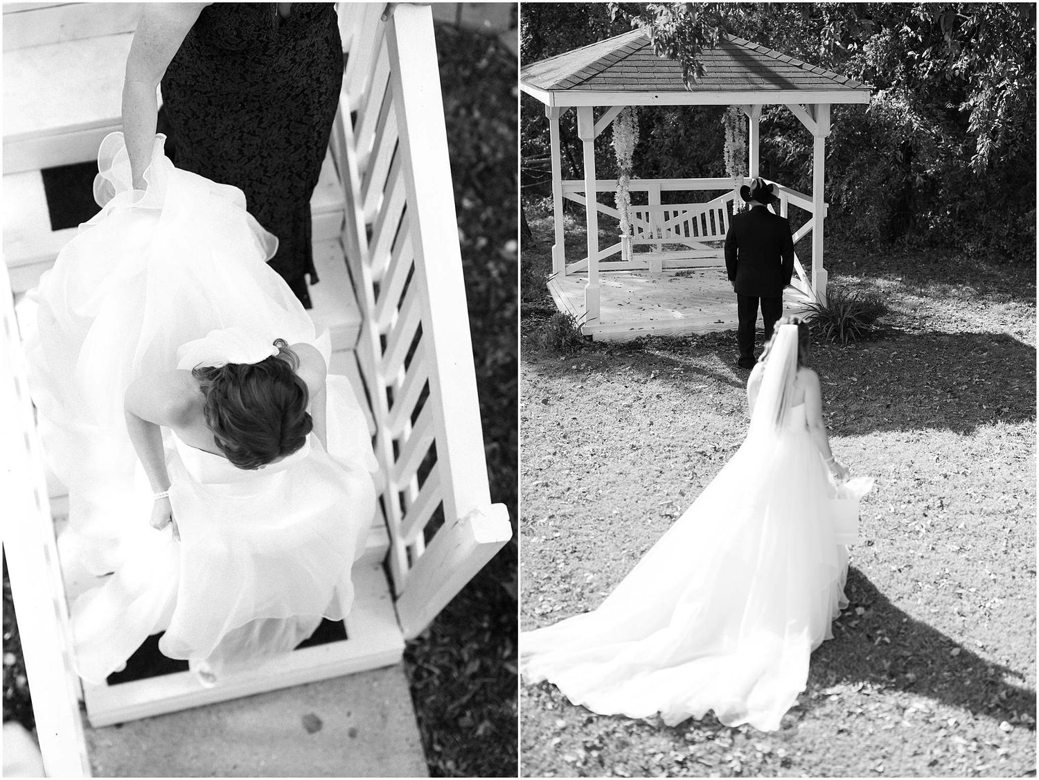 Candid wedding photos taken at a white gazebo surrounded by lush greenery.