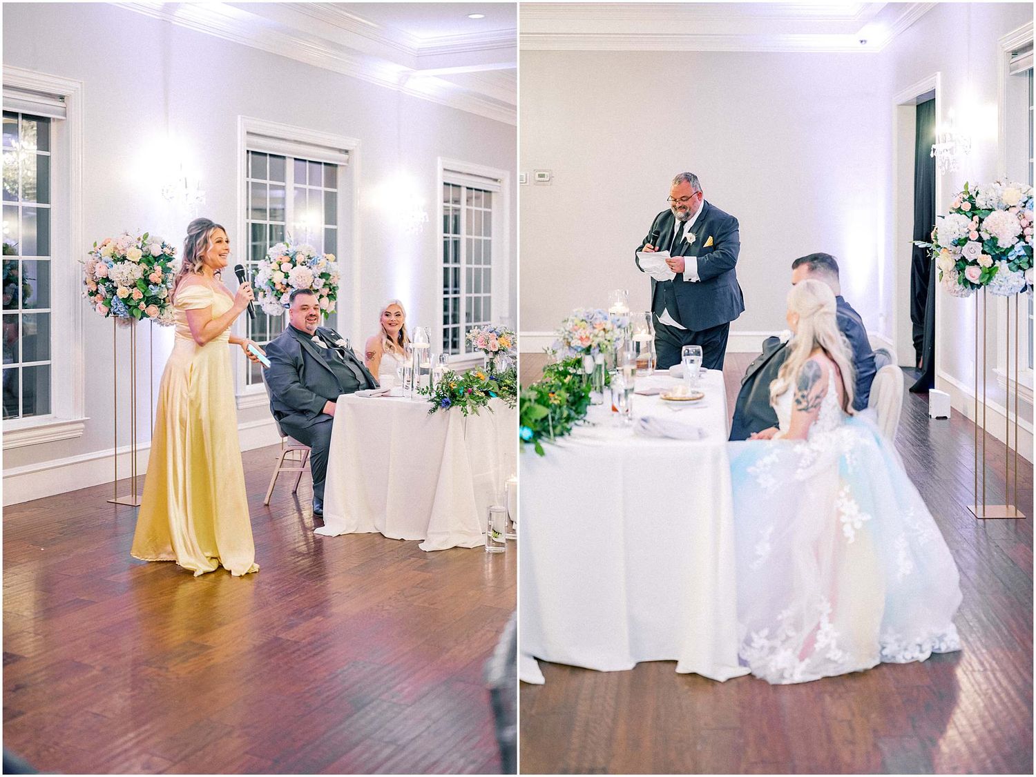 Wedding reception venue with hardwood floors and natural light streaming through large windows.