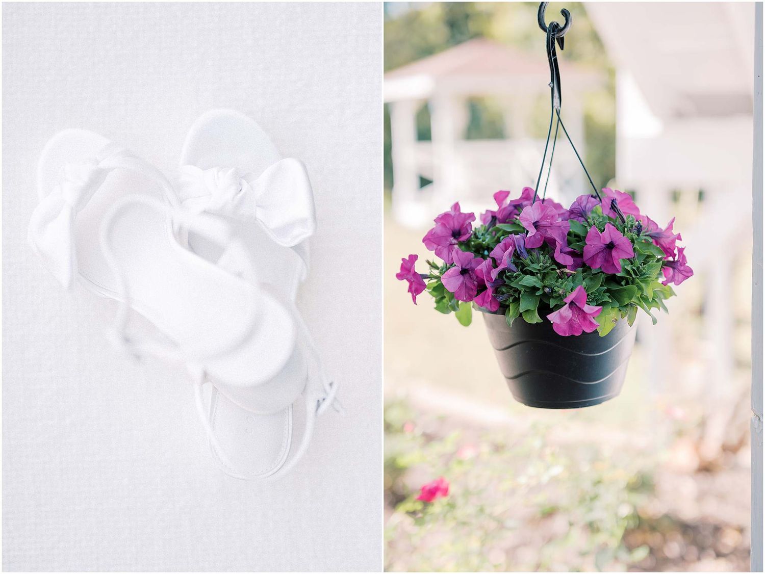 Purple petunias bloom in a hanging basket against a soft blurred background.