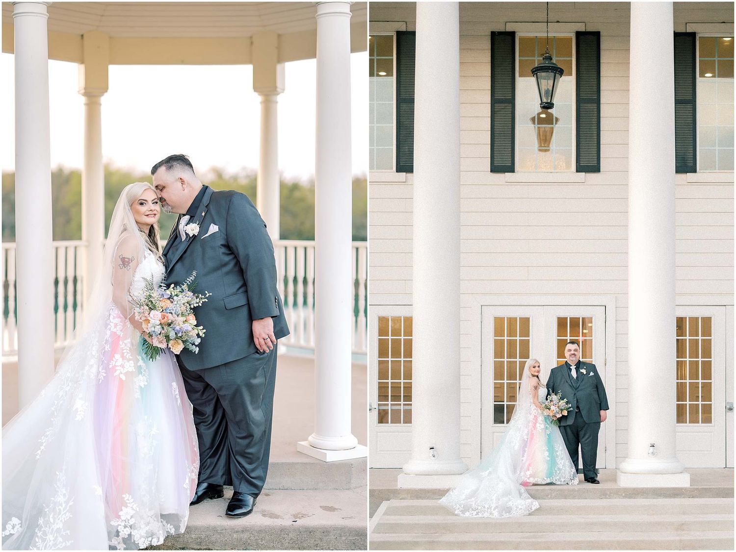 Romantic wedding ceremony moment on a grand white columned porch.