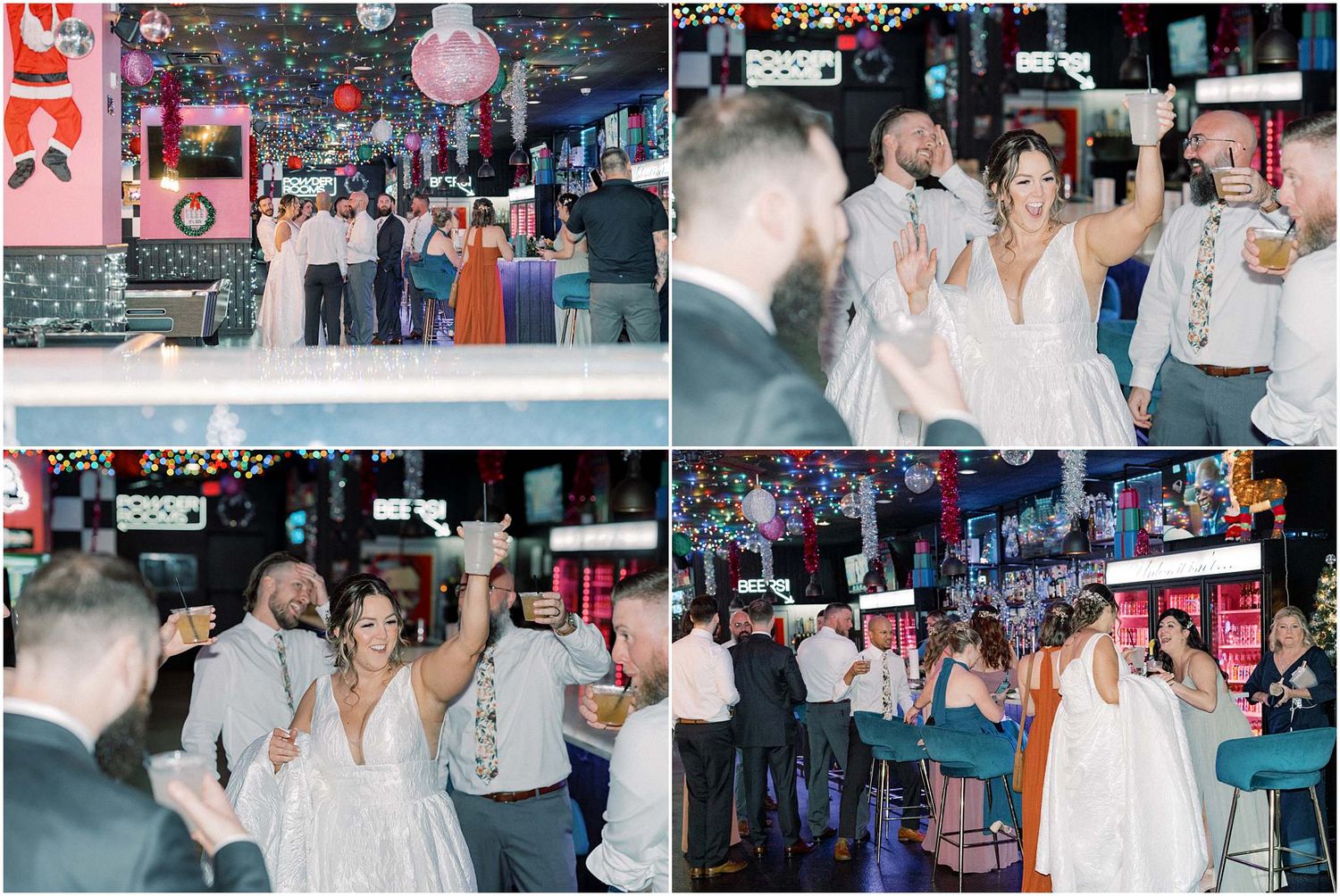 Wedding party celebrates on dance floor with colorful disco lights and festive decorations.