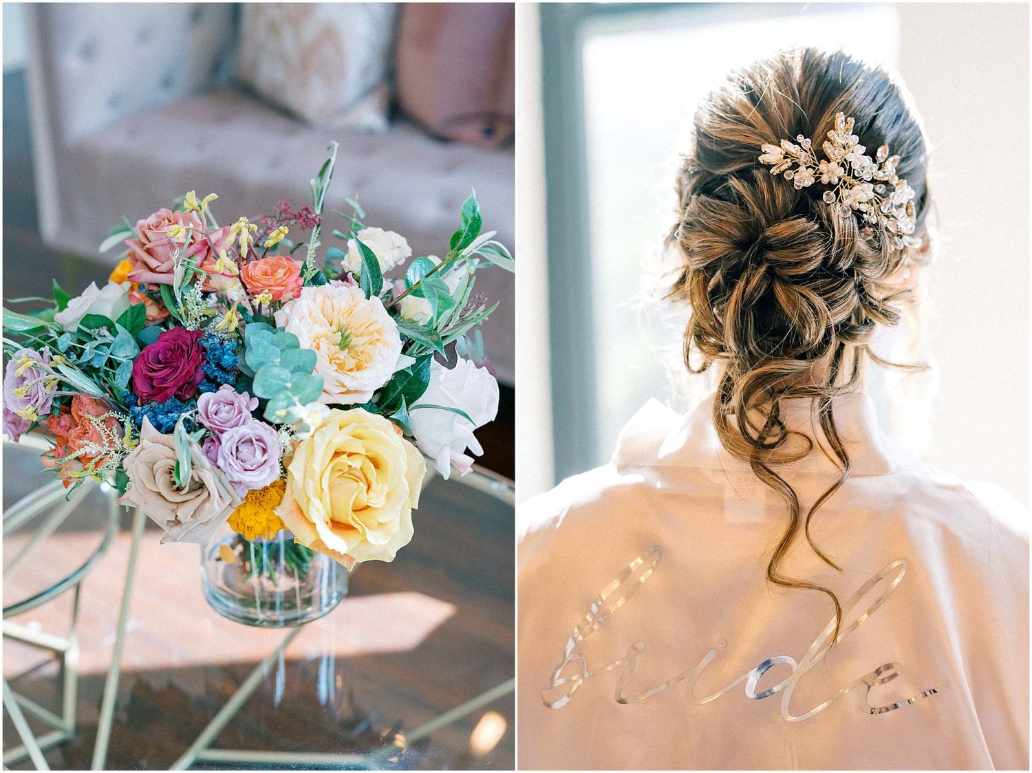 Bridal accessories and floral arrangements styled with soft lighting and romantic details.