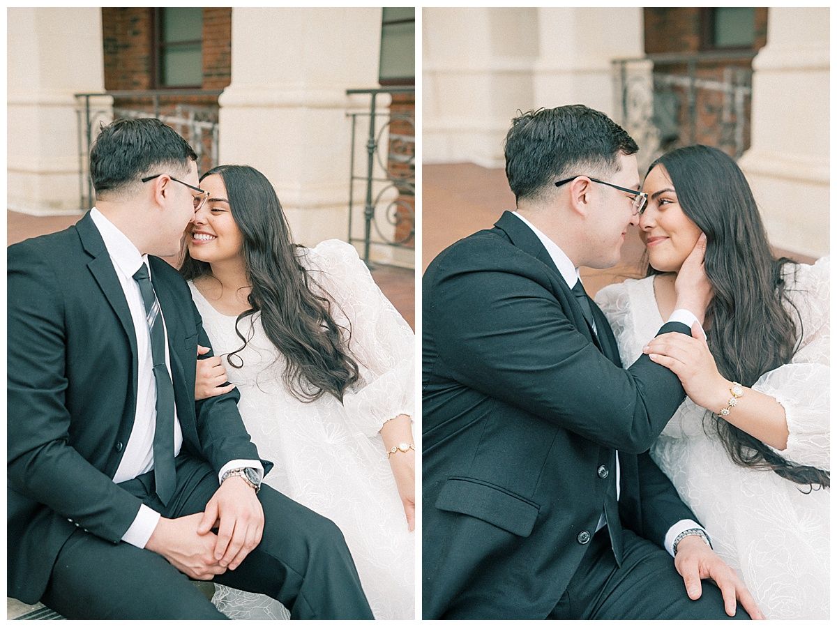 A romantic engagement photo series showing a couple in formal wear sharing intimate moments.