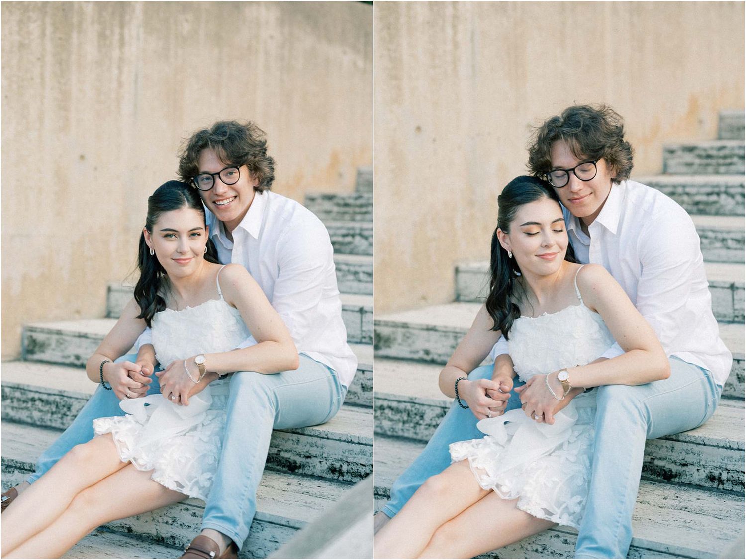Couple shares intimate moments while sitting on concrete steps during photo session.