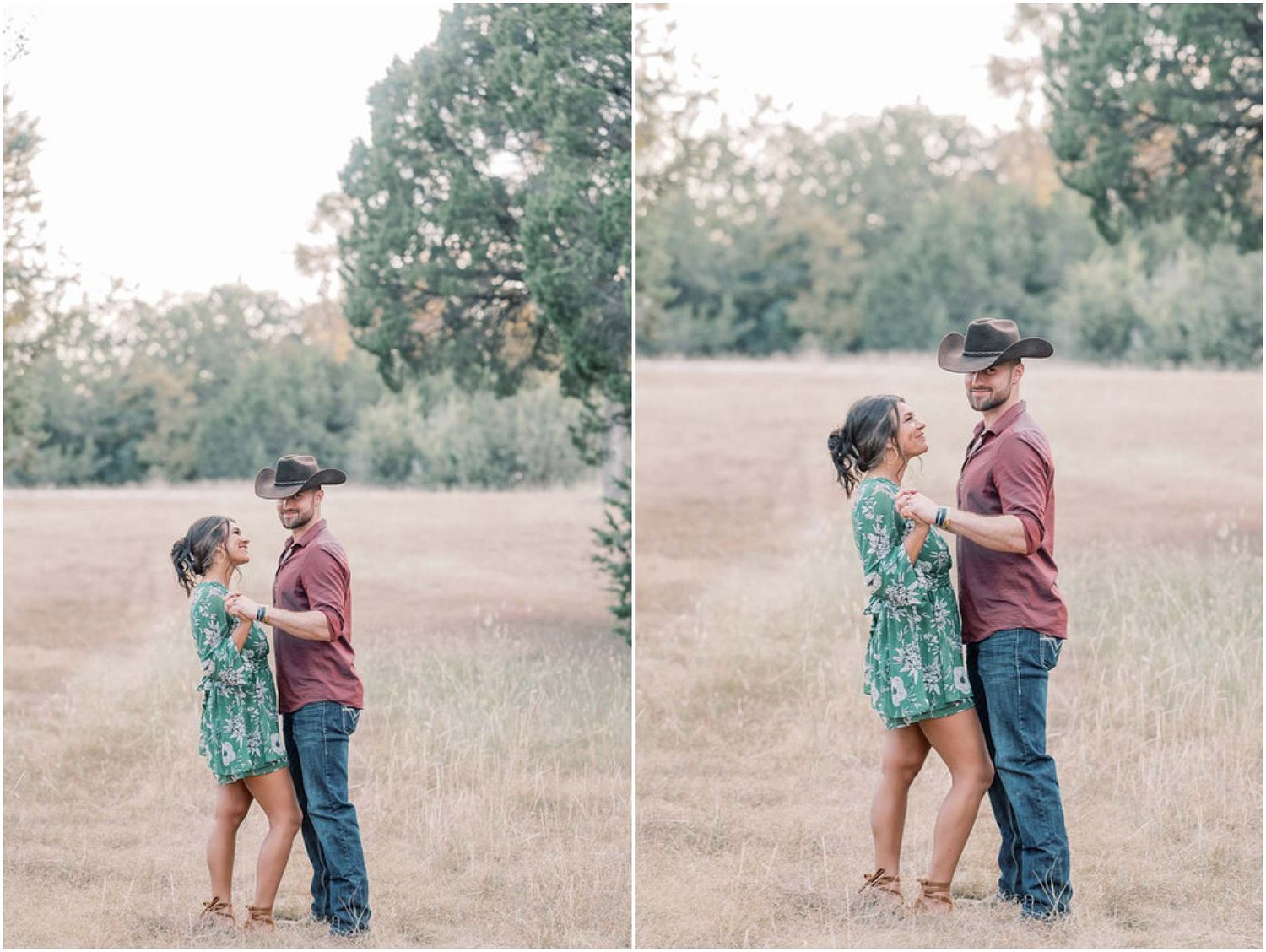 A romantic dance sequence captured in a golden field with trees in the background.
