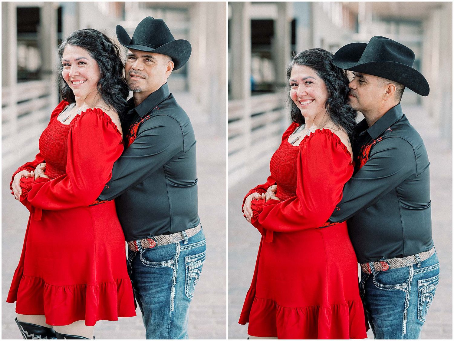 Romantic couple embraces in an industrial setting, with red dress and cowboy hat creating striking contrast.