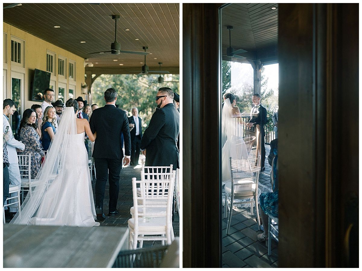Wedding ceremony in progress on covered outdoor patio with white chairs.