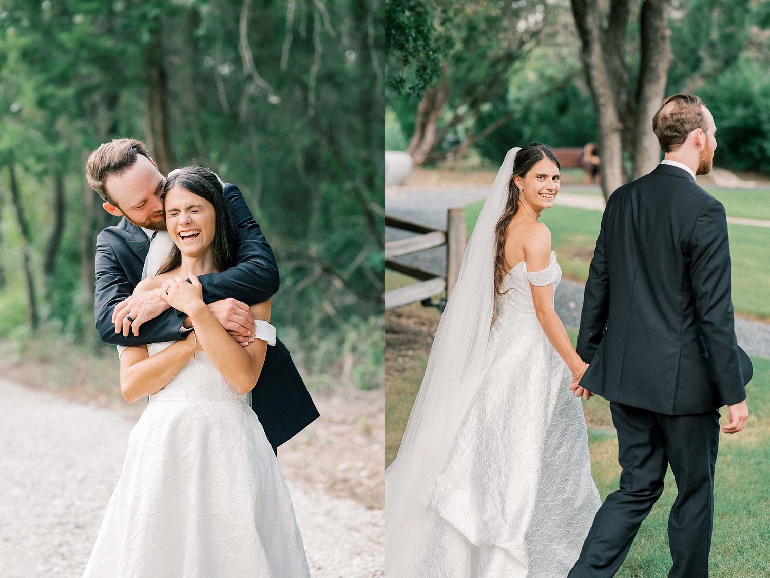 Romantic wedding photography session on a path surrounded by green trees and natural light.