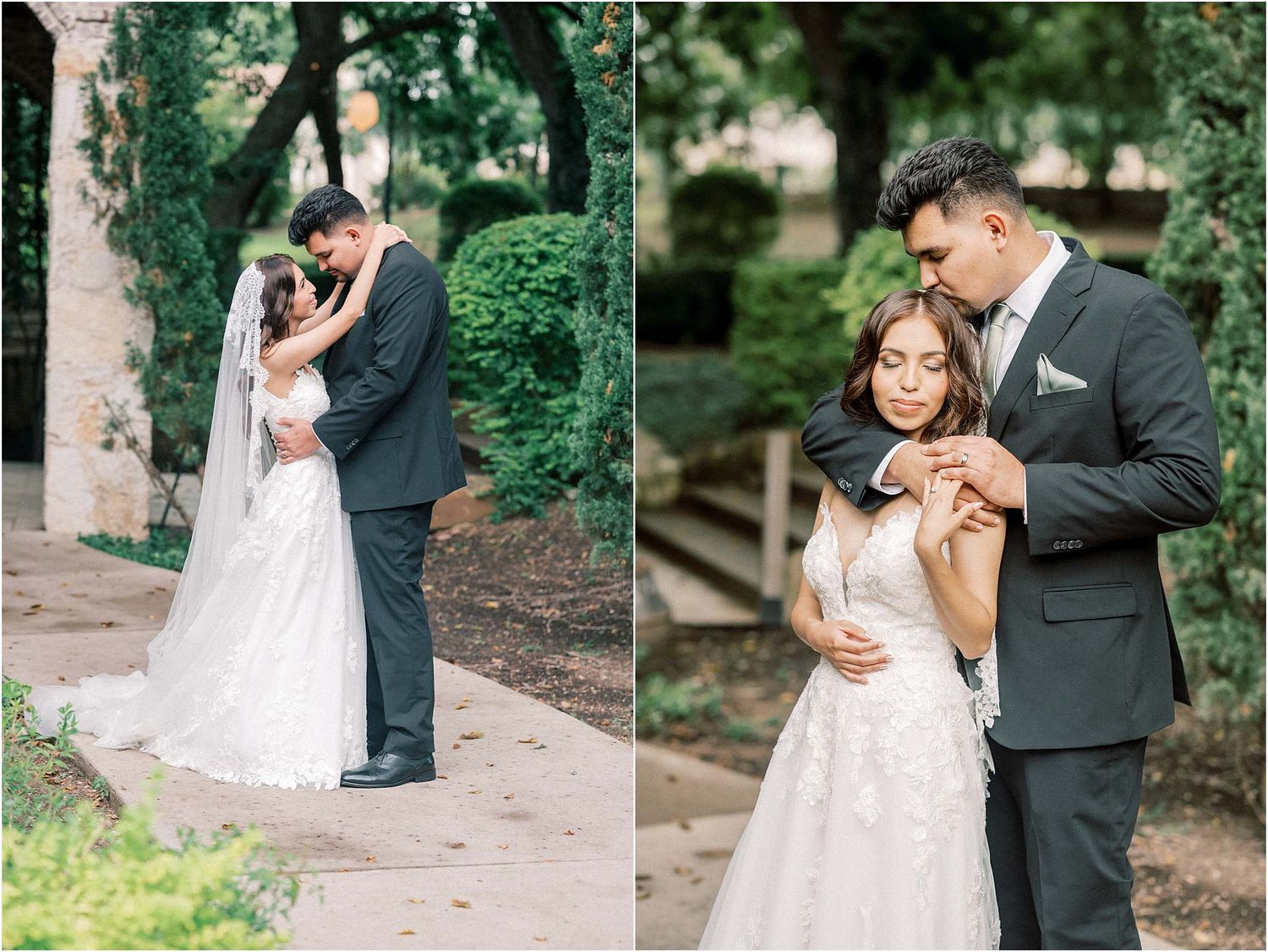 Joyful wedding couple shares intimate moments along a garden pathway.