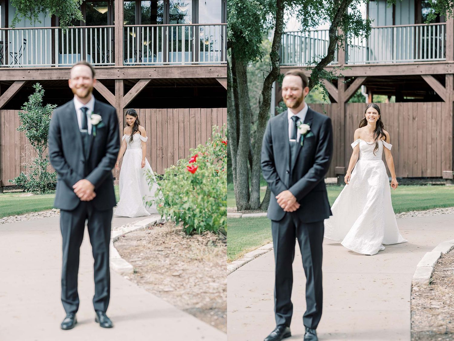 Wedding couple walking together on a garden path surrounded by greenery.